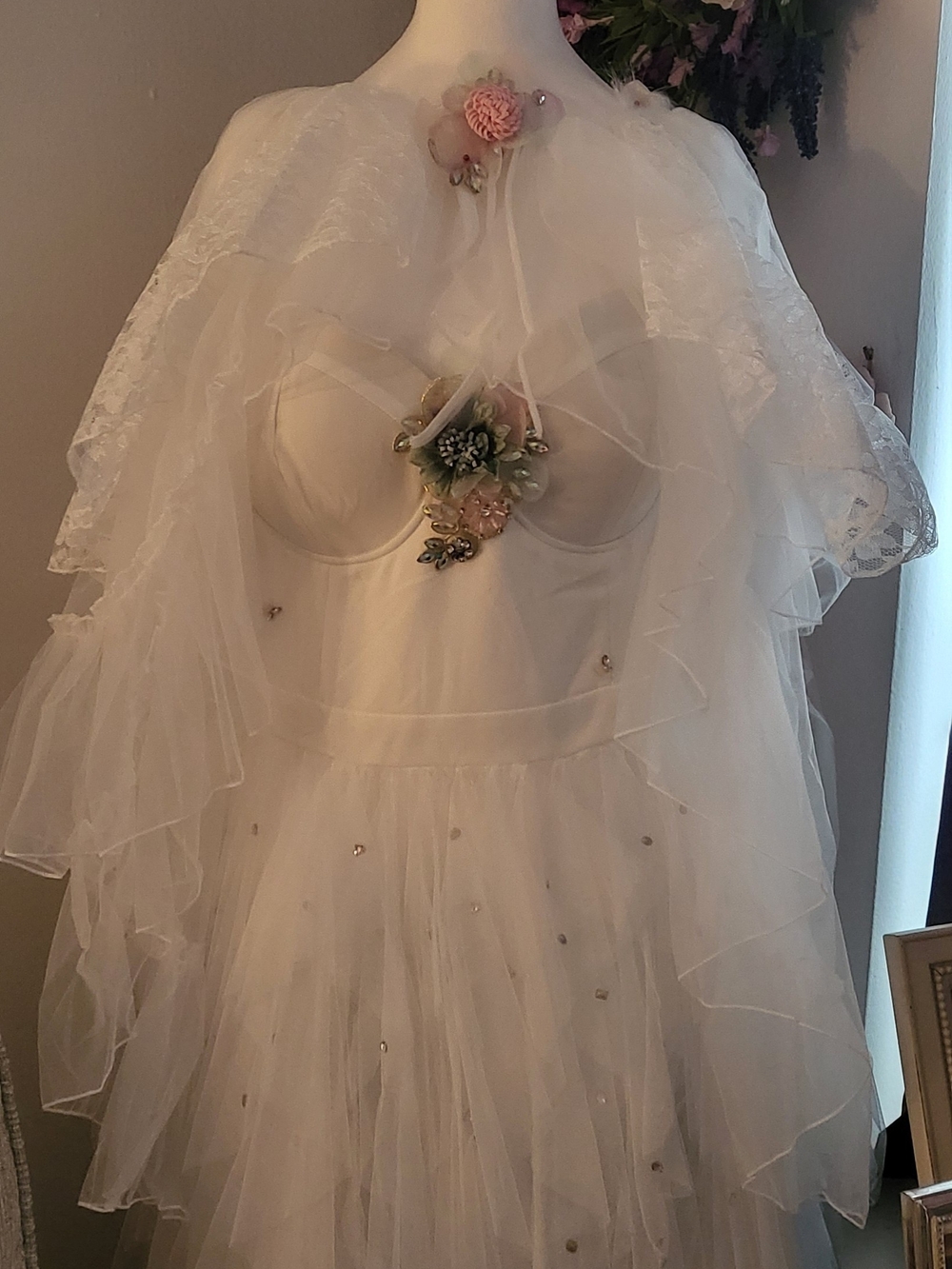 White Tulle Strapless Dress With Crystal Butterfly $ Floral By Feli's Designs